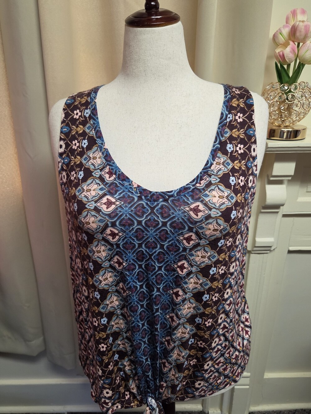 Democracy Mosaic-Print Tank Top in Blue  Brown and Pink Size 1X